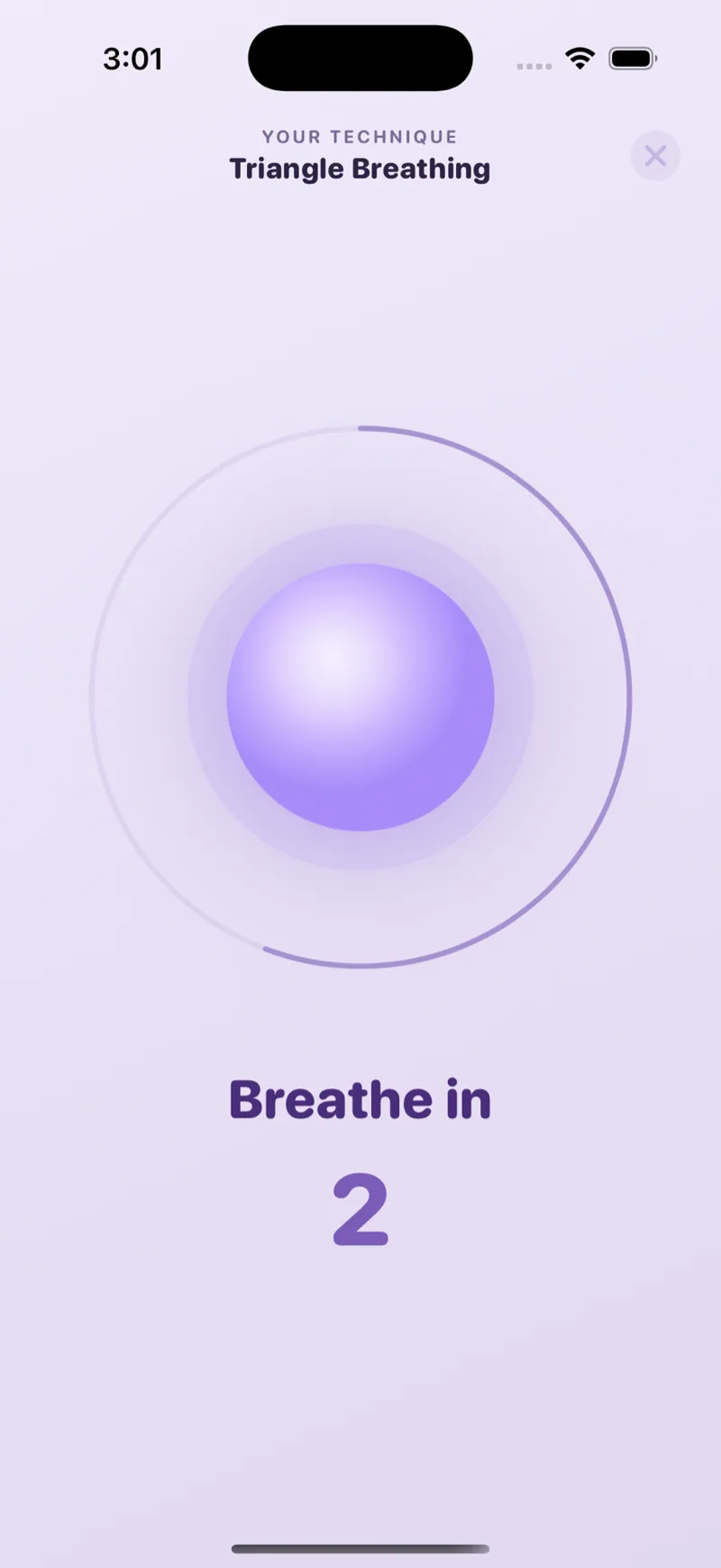 Breathing session — violet orb mid-inhale, Triangle Breathing pattern