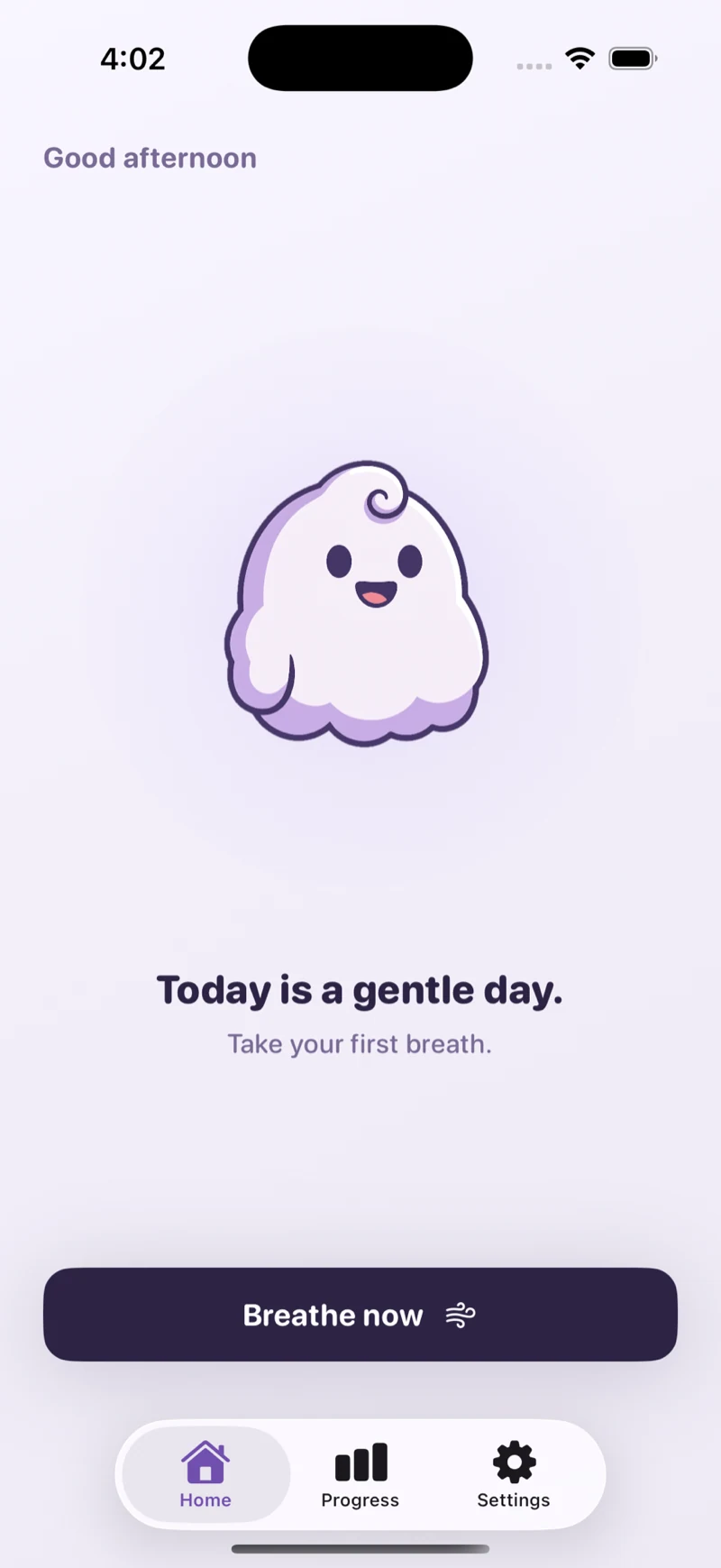 Spira Home screen — Kūmo with 'Today is a gentle day' headline and Breathe Now CTA