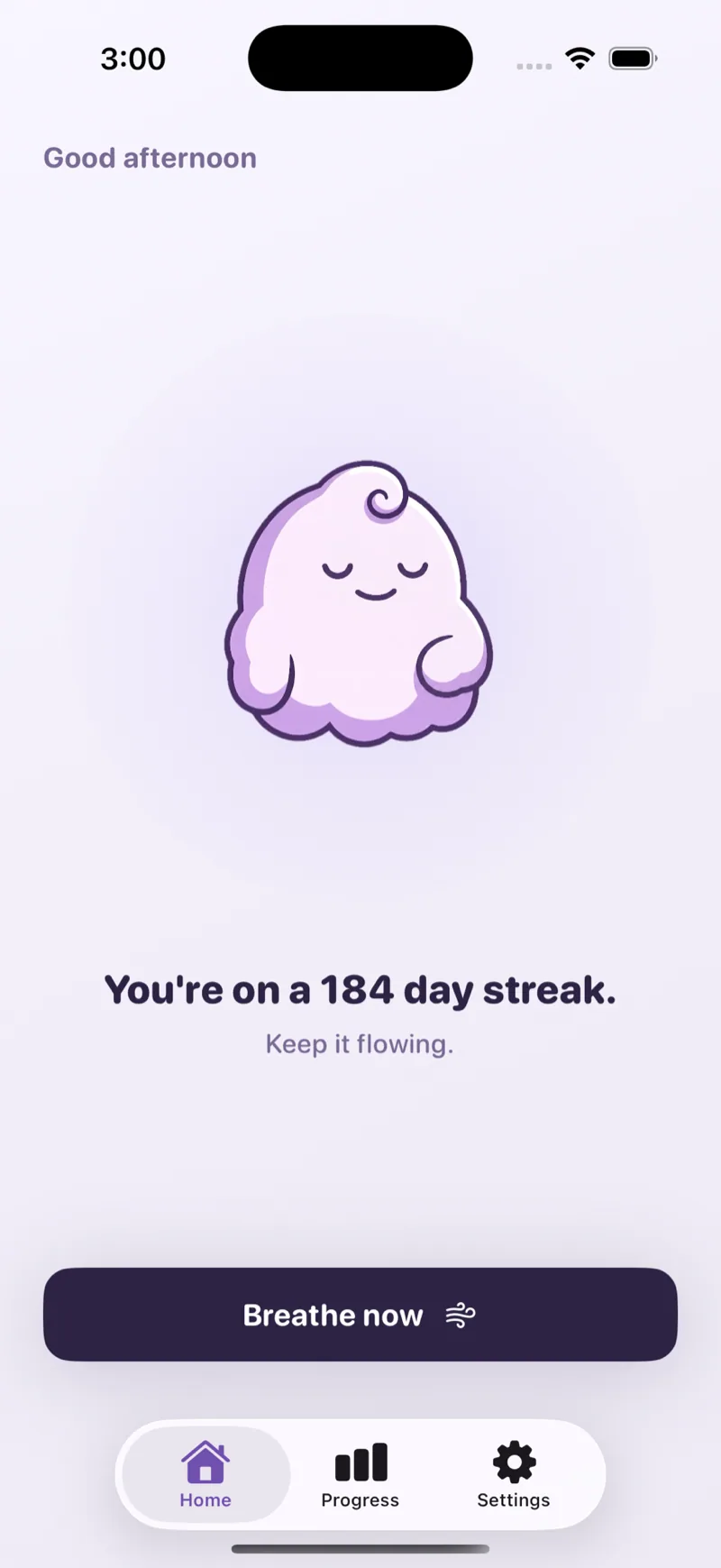 Home — greeting, Kūmo, streak narrative and Breathe Now CTA