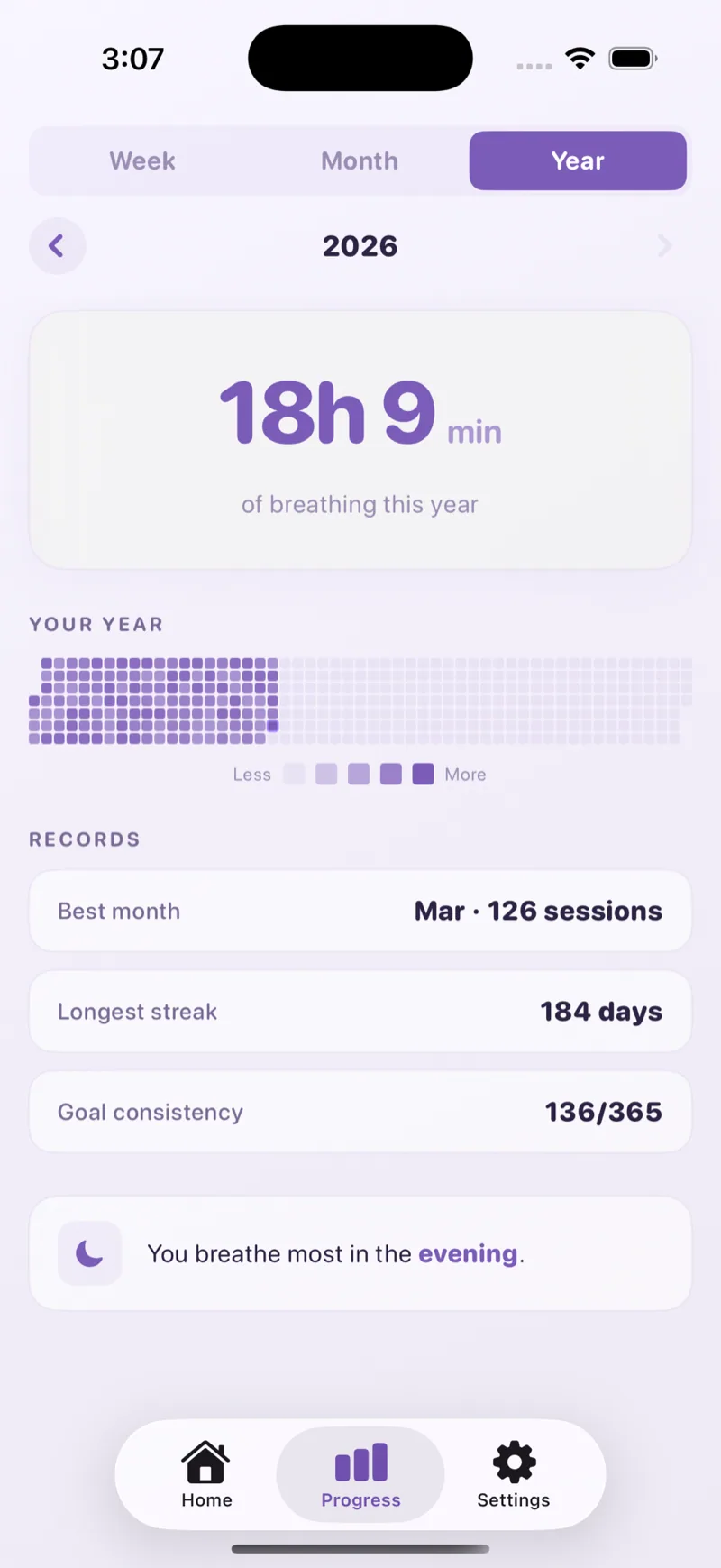 Progress Year — annual heatmap, records and pattern insights