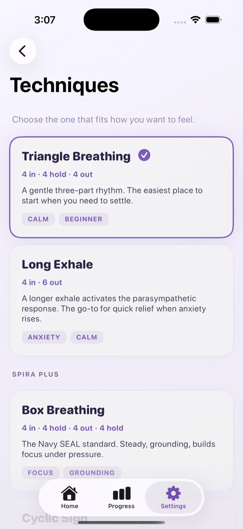 Techniques picker — six breathing patterns with Plus gating